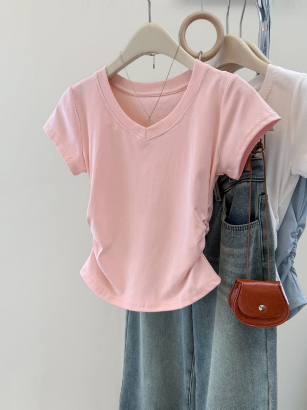 Solid Color V-Neck Regular Shoulder Short Sleeve T-Shirt for Women Korean Style Fitted Base Layer Short Top Blouse - Image 8