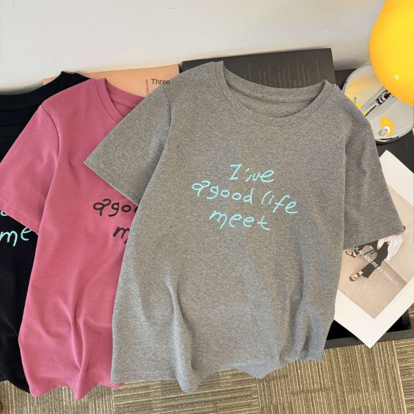 Style Real Shot Letter Embroidery Short Sleeve T-Shirt Women Loose Korean Version Half Sleeve Top - Image 3