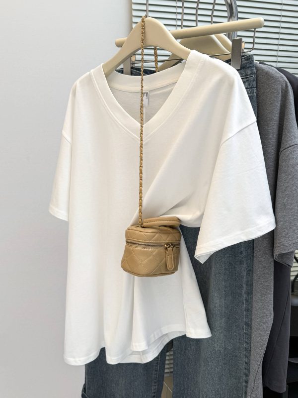 Solid Color V-Neck Short Sleeve T-Shirt for Women, Loose Korean Style Plus Size Simple Base Layer Cotton Top - Image 6