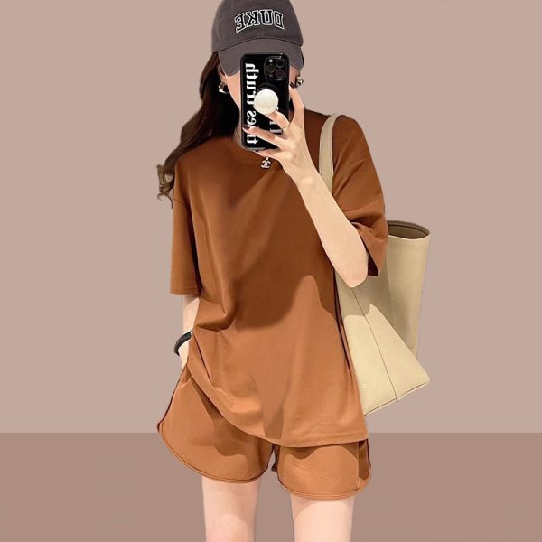 Women's Sports Suit Set Plus Size Casual Fashion Solid Color Two-Piece Short Sleeve Shorts - Image 2