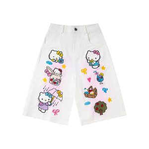 Retro Kitty Cat Cartoon Embroidery Casual Mid-Length Pants for Men and Women, Loose Fit Casual Versatile Three-Quarter Length Pants