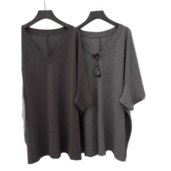 Summer V-neck Short-sleeved T-shirt for Women, Korean Version Loose Large Size Mid-length Pure Cotton Top - Image 5
