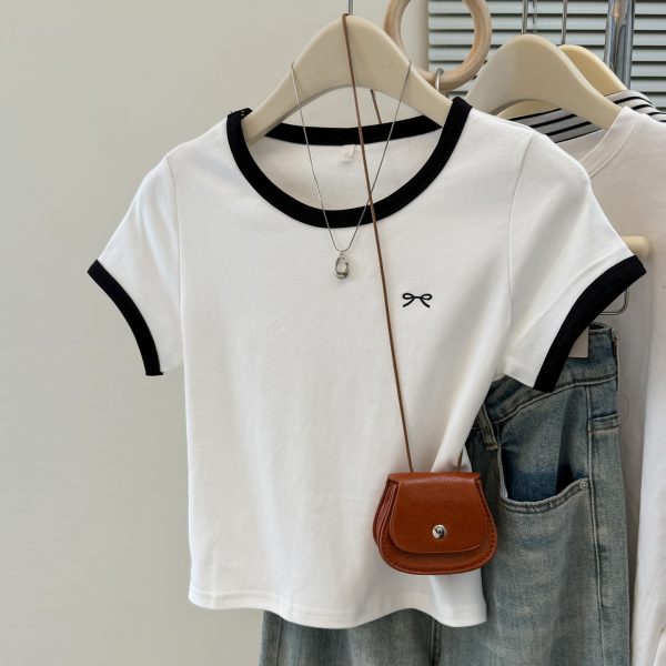 Style Short Sleeve T-Shirt for Women, Slim Fit Korean Version Embroidered Crop Top - Image 5