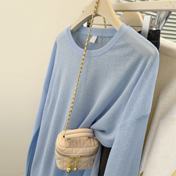 Thin Solid Color Long Sleeve Sunscreen Shirt for Women, Loose Fit Top T-Shirt for Summer Wear as Outer or Inner Layer, Air Conditioning Cover-Up - Image 3