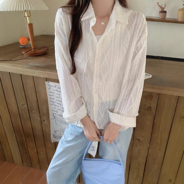 Thin Coat with Hollow Crochet Design for Women - Loose Fit Blouse - Image 3