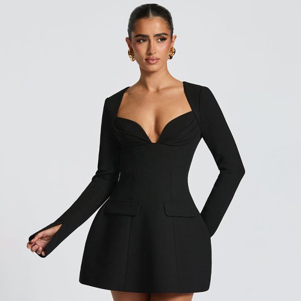Deep V-Neck Long Sleeve A-Line Dress for Women - Image 2