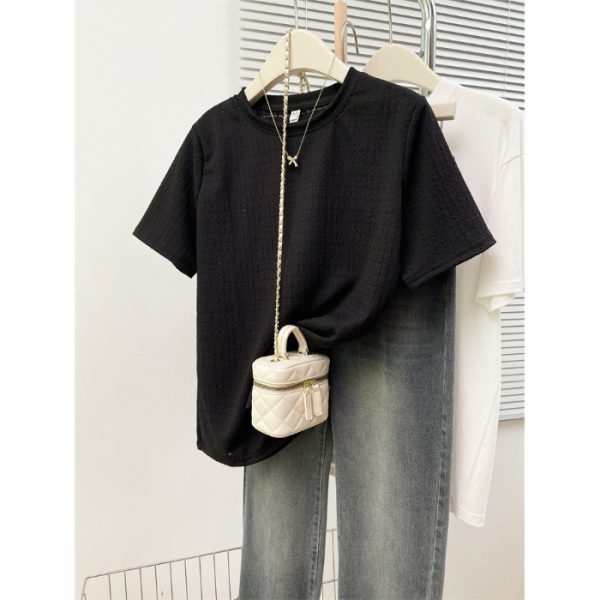Style Real Shot Wrinkled Texture Short Sleeve T-Shirt Women Loose Base Layer Solid Color Round Neck Half Sleeve - Image 9