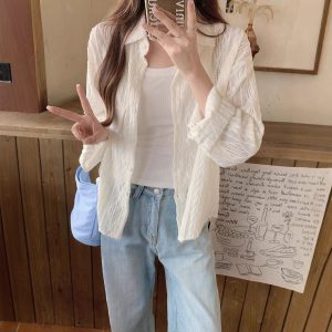 Thin Coat with Hollow Crochet Design for Women - Loose Fit Blouse