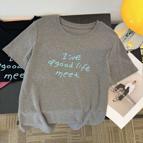 Style Real Shot Letter Embroidery Short Sleeve T-Shirt Women Loose Korean Version Half Sleeve Top - Image 4