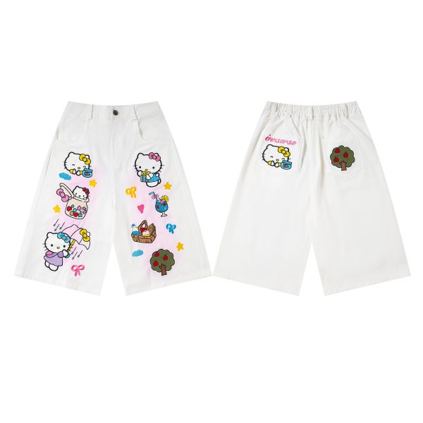 Retro Kitty Cat Cartoon Embroidery Casual Mid-Length Pants for Men and Women, Loose Fit Casual Versatile Three-Quarter Length Pants - Image 5