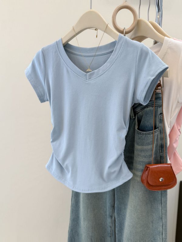 Solid Color V-Neck Regular Shoulder Short Sleeve T-Shirt for Women Korean Style Fitted Base Layer Short Top Blouse - Image 10