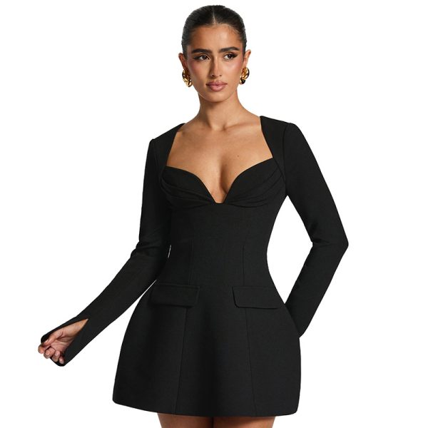 Deep V-Neck Long Sleeve A-Line Dress for Women - Image 6