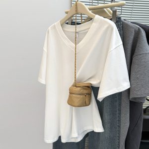 Solid Color V-Neck Short Sleeve T-Shirt for Women, Loose Korean Style Plus Size Simple Base Layer Cotton Top