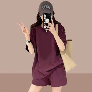 Women's Sports Suit Set Plus Size Casual Fashion Solid Color Two-Piece Short Sleeve Shorts