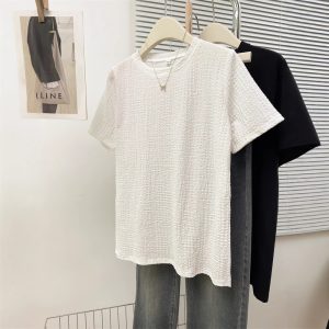 Style Real Shot Wrinkled Texture Short Sleeve T-Shirt Women Loose Base Layer Solid Color Round Neck Half Sleeve