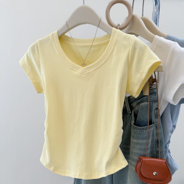 Solid Color V-Neck Regular Shoulder Short Sleeve T-Shirt for Women Korean Style Fitted Base Layer Short Top Blouse - Image 2