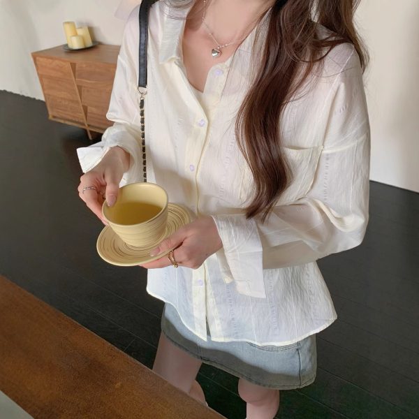 Style Blue Long Sleeve Shirt Jacket for Women Spring and Autumn Striped Blouse Outerwear Sunscreen Cardigan - Image 4