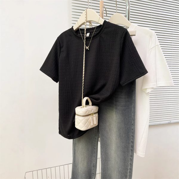 Style Real Shot Wrinkled Texture Short Sleeve T-Shirt Women Loose Base Layer Solid Color Round Neck Half Sleeve - Image 2