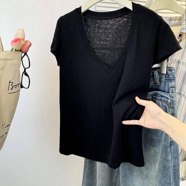 Style V-Neck Thin Short-Sleeve T-Shirt for Women Loose Lazy Style Snowflake Cotton Half Sleeve - Image 5