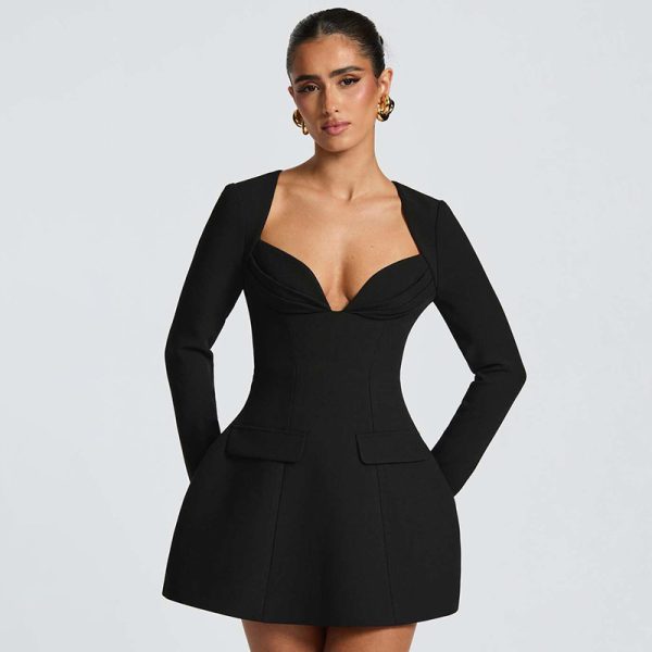 Deep V-Neck Long Sleeve A-Line Dress for Women - Image 3