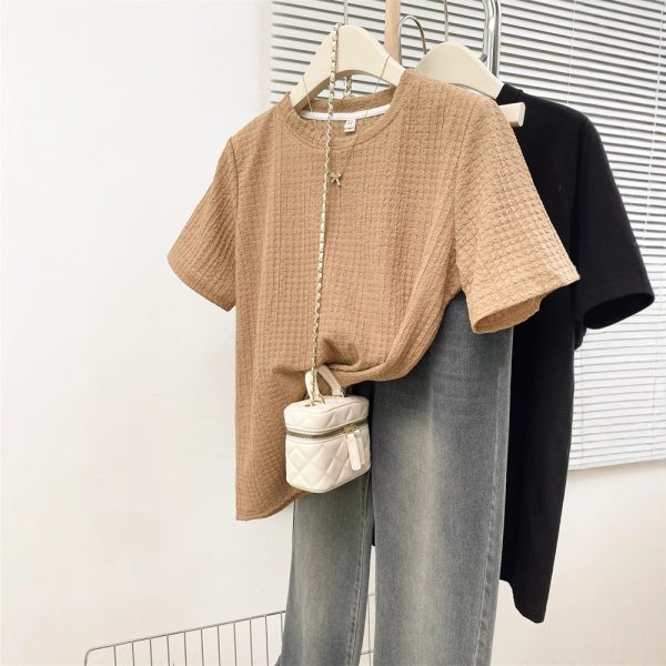 Style Real Shot Wrinkled Texture Short Sleeve T-Shirt Women Loose Base Layer Solid Color Round Neck Half Sleeve - Image 4