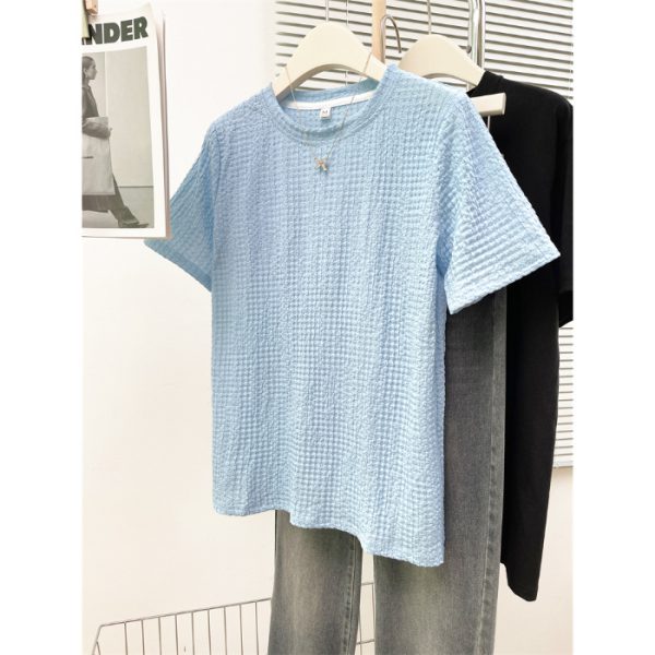 Style Real Shot Wrinkled Texture Short Sleeve T-Shirt Women Loose Base Layer Solid Color Round Neck Half Sleeve - Image 6
