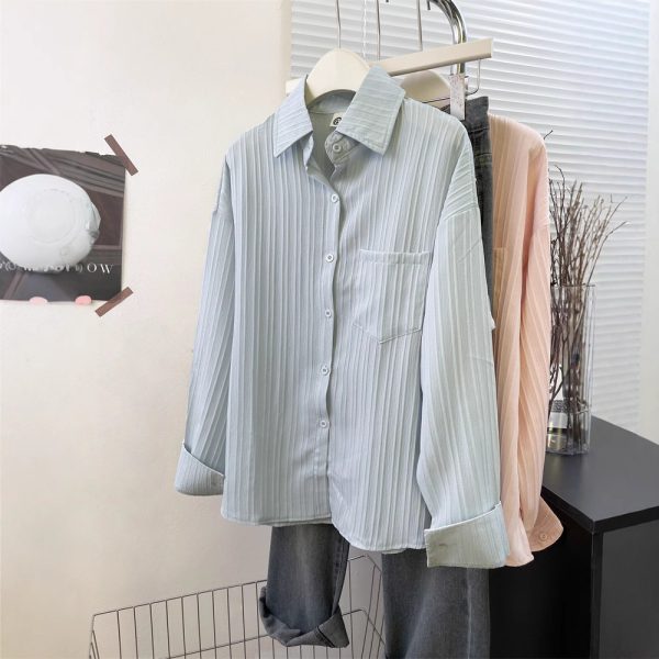 Style Striped Thin Shirt Women Summer Jacket Pure Color Loose Top - Image 3
