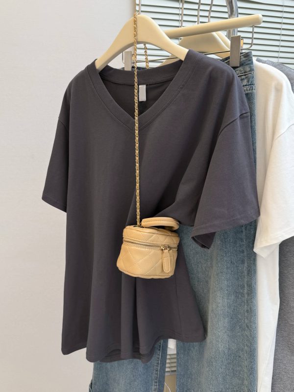 Solid Color V-Neck Short Sleeve T-Shirt for Women, Loose Korean Style Plus Size Simple Base Layer Cotton Top - Image 7