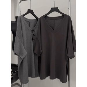 Summer V-neck Short-sleeved T-shirt for Women, Korean Version Loose Large Size Mid-length Pure Cotton Top