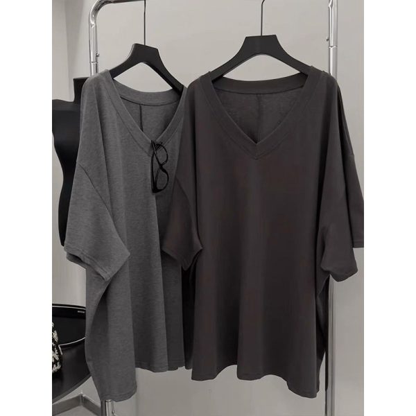 Summer V-neck Short-sleeved T-shirt for Women, Korean Version Loose Large Size Mid-length Pure Cotton Top