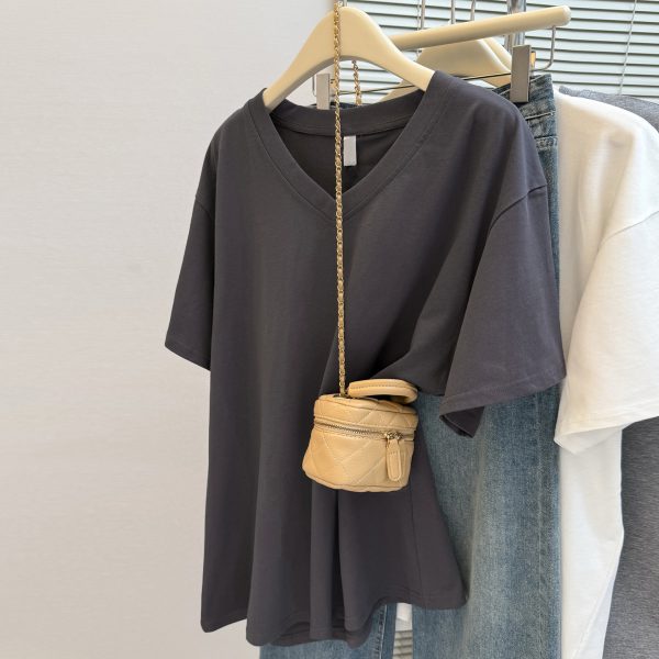 Solid Color V-Neck Short Sleeve T-Shirt for Women, Loose Korean Style Plus Size Simple Base Layer Cotton Top - Image 2