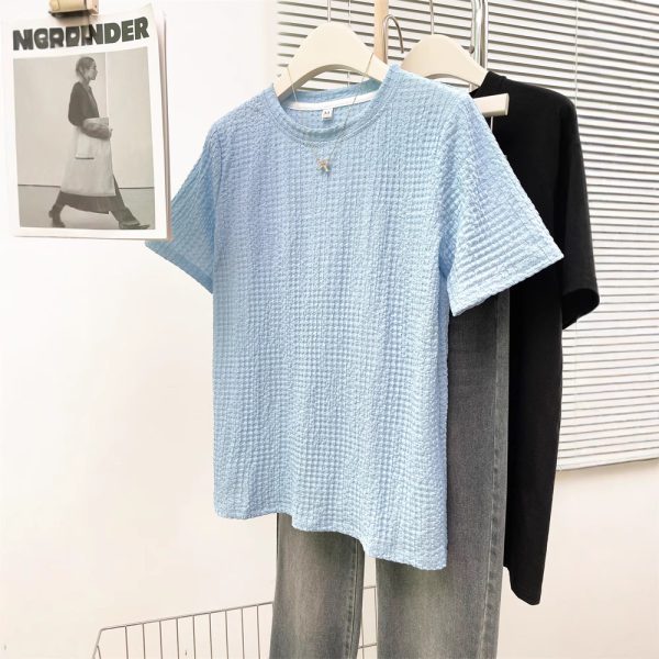 Style Real Shot Wrinkled Texture Short Sleeve T-Shirt Women Loose Base Layer Solid Color Round Neck Half Sleeve - Image 3