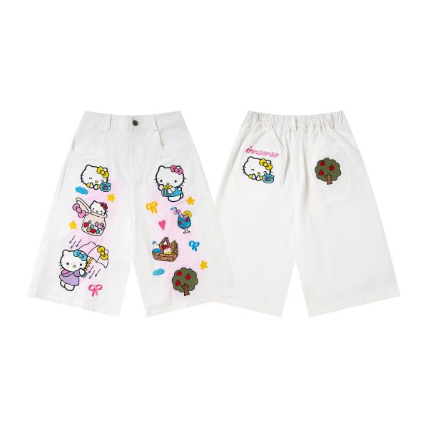 Retro Kitty Cat Cartoon Embroidery Casual Mid-Length Pants for Men and Women, Loose Fit Casual Versatile Three-Quarter Length Pants - Image 3