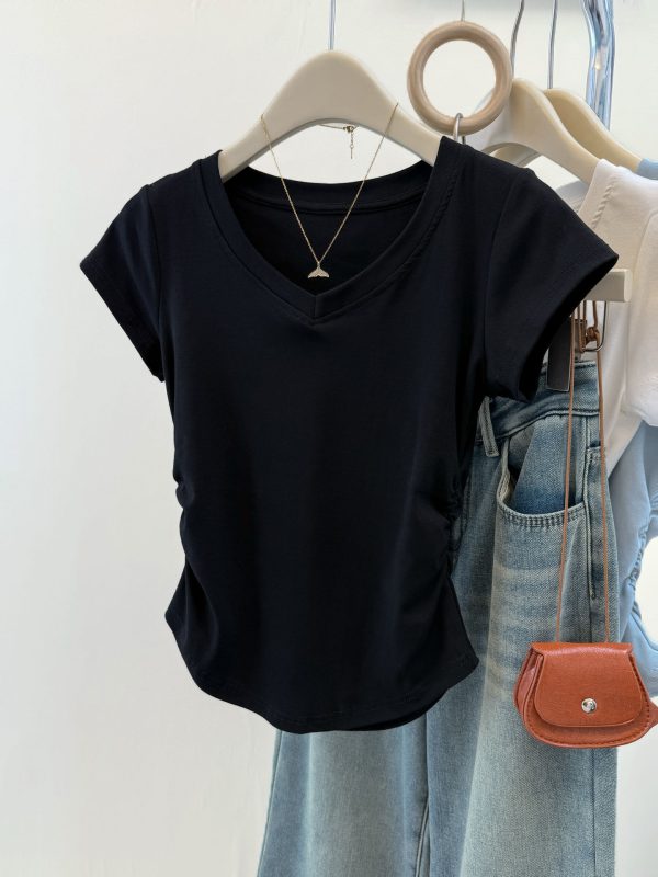 Solid Color V-Neck Regular Shoulder Short Sleeve T-Shirt for Women Korean Style Fitted Base Layer Short Top Blouse - Image 15