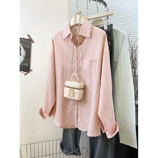 Style Striped Thin Shirt Women Summer Jacket Pure Color Loose Top - Image 7