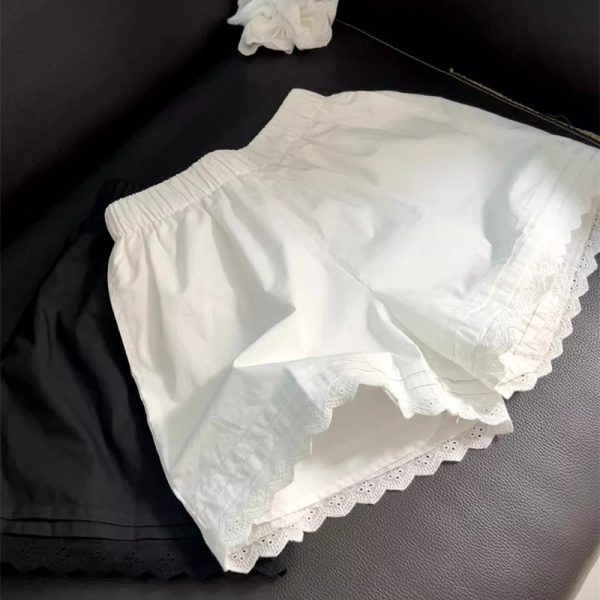 Korean Style Lined Lace Trim Wide Leg Shorts Women High Waist Loose Fit Casual Sports Running Pants