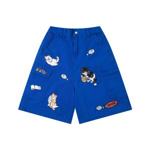 Style Embroidered Cat Summer Casual Shorts for Men and Women, Loose Fit Five-Quarter Pants