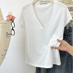 Style V-Neck Thin Short-Sleeve T-Shirt for Women Loose Lazy Style Snowflake Cotton Half Sleeve