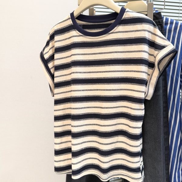 Style Real Shot Color Block Stripe Round Neck Flutter Sleeve T-Shirt Women Loose Korean Version Versatile Regular Shoulder Short Sleeve - Image 4