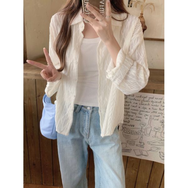 Thin Coat with Hollow Crochet Design for Women - Loose Fit Blouse - Image 6