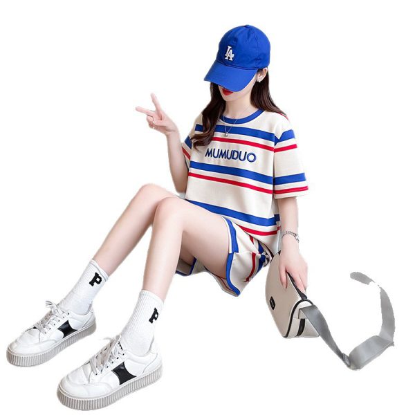 Style Cotton Top + Casual Pants Set for Women Summer Striped Embroidered Floral Round Neck Sportswear Plus Size - Image 5