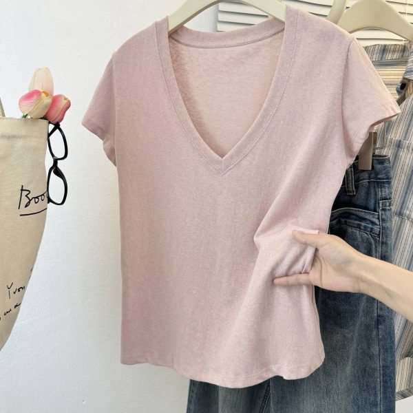 Style V-Neck Thin Short-Sleeve T-Shirt for Women Loose Lazy Style Snowflake Cotton Half Sleeve - Image 2