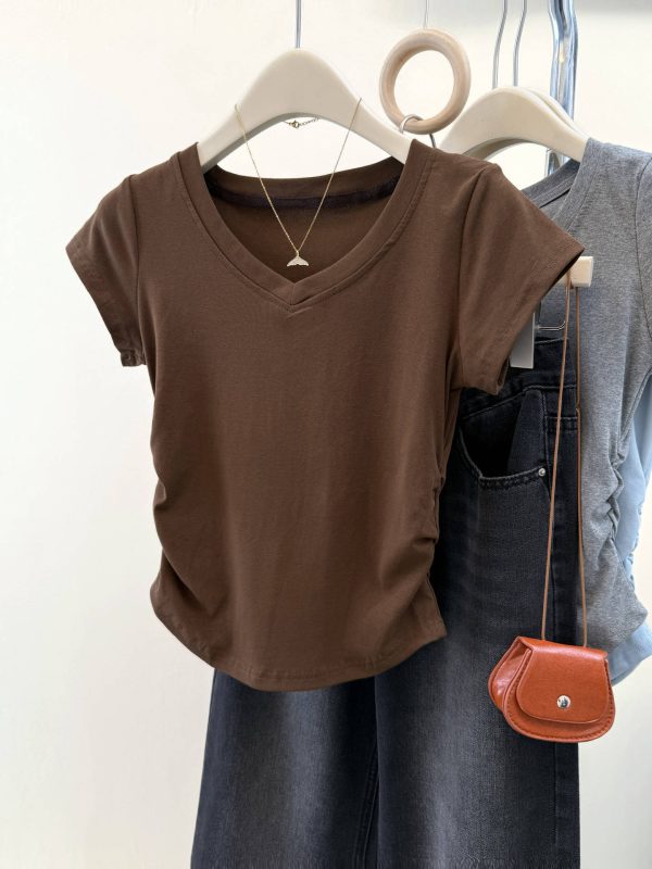 Solid Color V-Neck Regular Shoulder Short Sleeve T-Shirt for Women Korean Style Fitted Base Layer Short Top Blouse - Image 13