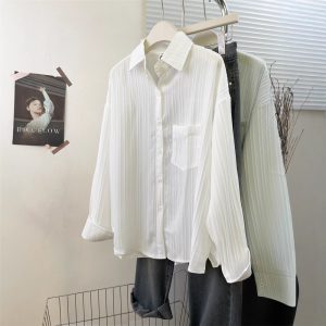 Style Striped Thin Shirt Women Summer Jacket Pure Color Loose Top