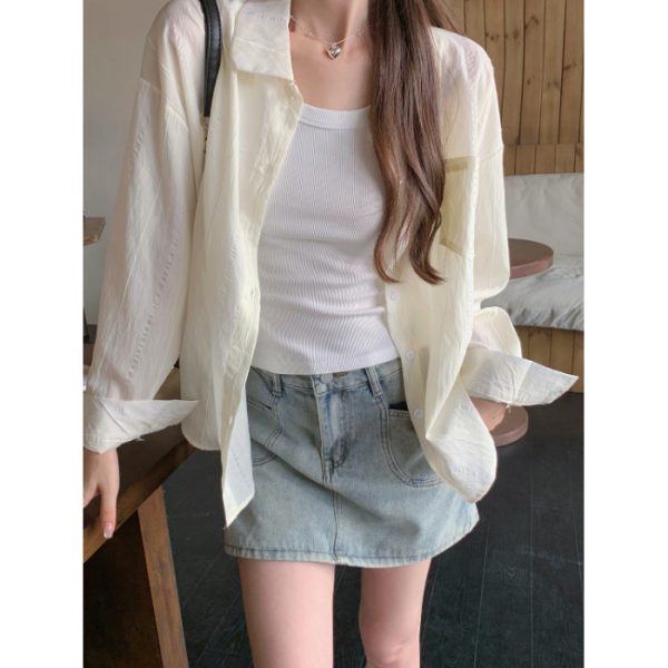 Style Blue Long Sleeve Shirt Jacket for Women Spring and Autumn Striped Blouse Outerwear Sunscreen Cardigan - Image 7