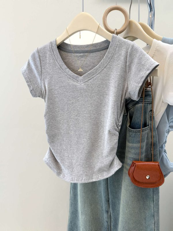 Solid Color V-Neck Regular Shoulder Short Sleeve T-Shirt for Women Korean Style Fitted Base Layer Short Top Blouse - Image 14