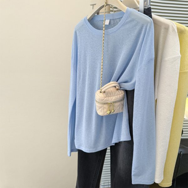 Thin Solid Color Long Sleeve Sunscreen Shirt for Women, Loose Fit Top T-Shirt for Summer Wear as Outer or Inner Layer, Air Conditioning Cover-Up - Image 5
