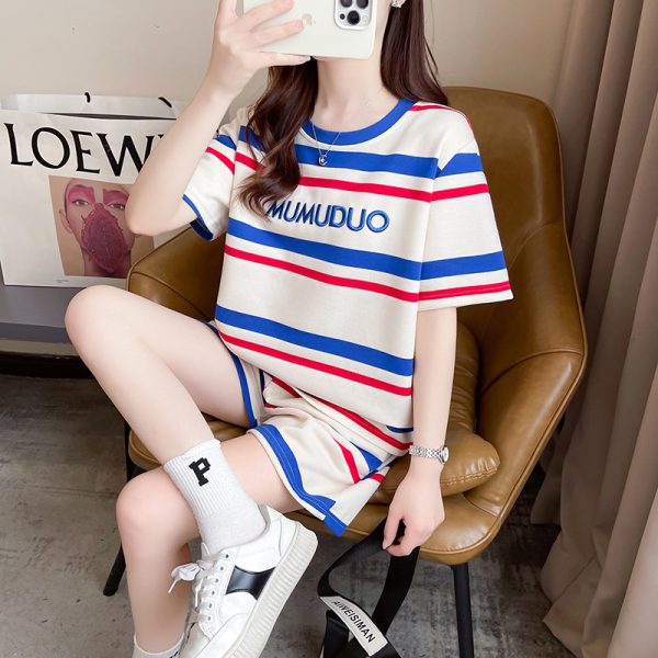 Style Cotton Top + Casual Pants Set for Women Summer Striped Embroidered Floral Round Neck Sportswear Plus Size - Image 4