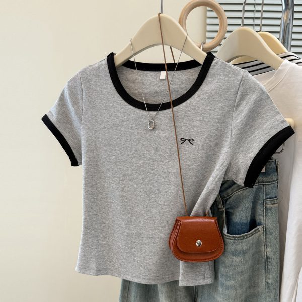 Style Short Sleeve T-Shirt for Women, Slim Fit Korean Version Embroidered Crop Top - Image 3