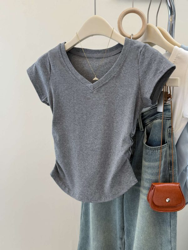 Solid Color V-Neck Regular Shoulder Short Sleeve T-Shirt for Women Korean Style Fitted Base Layer Short Top Blouse - Image 11